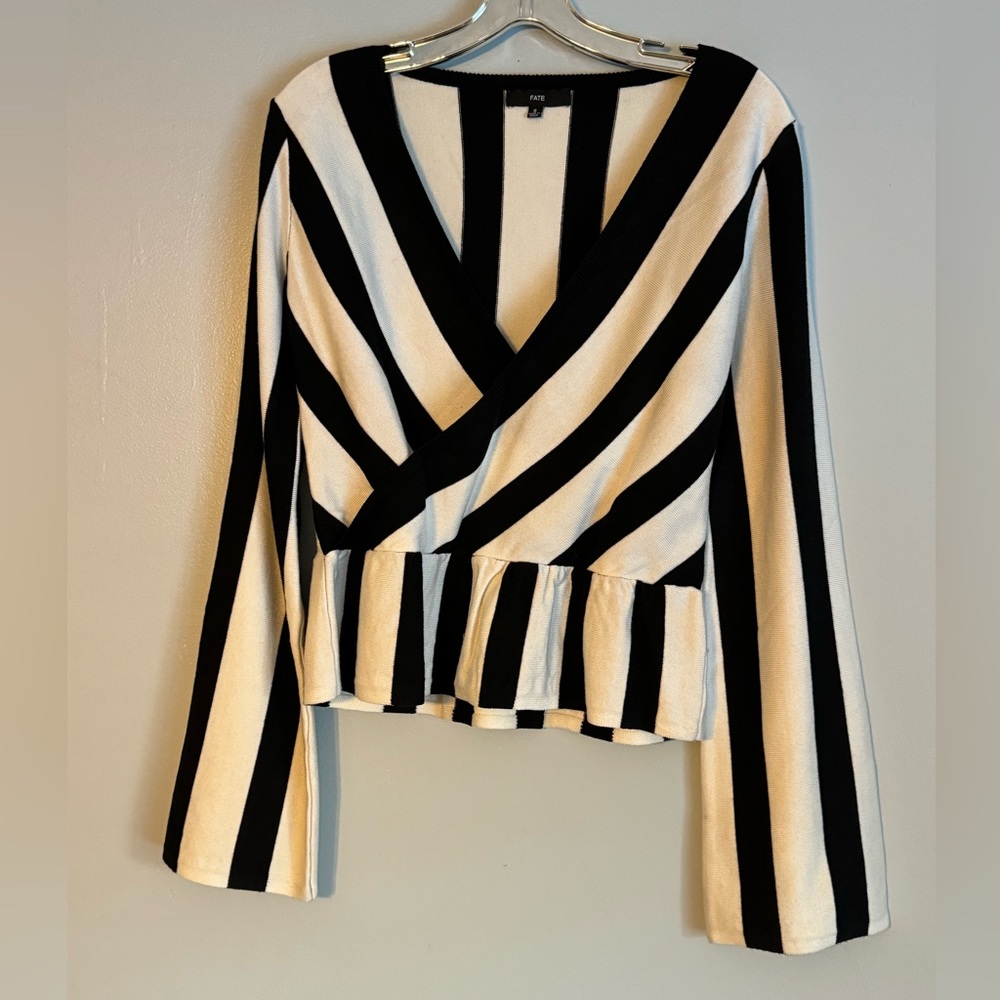 Black and White Striped Deep V Sweater